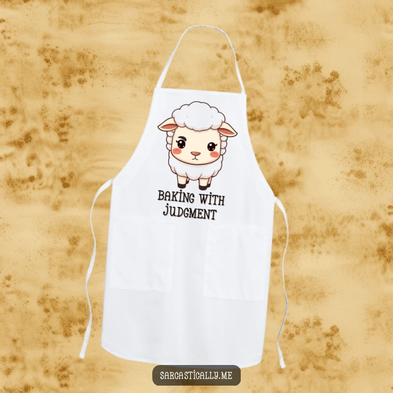 Funny sheep apron showcasing a sheep with a raised arched eyebrow and pursed lips, perfect for kitchen wear and humor.
