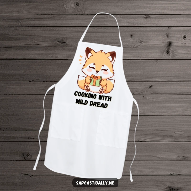 Funny fox apron showing a fluffy fox sighing with raised eyebrows while accepting a gift, ideal for a sarcastic cook.