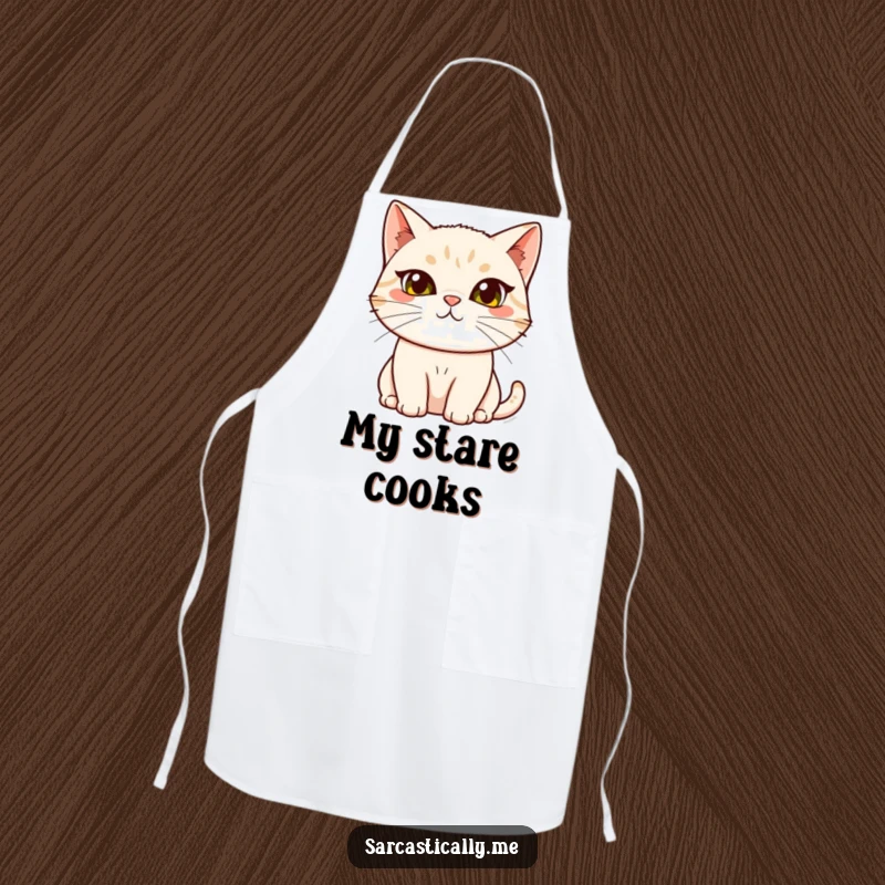 Funny cat apron, depicting a cat chef with a raised eyebrow and tilted head, ready to serve with a side of sass.