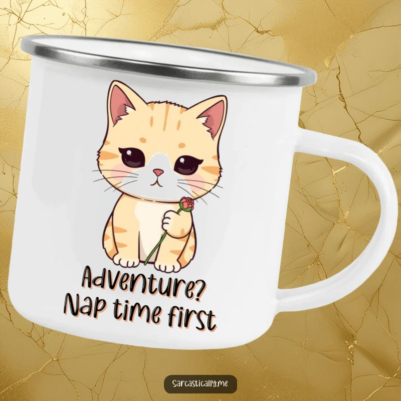 Funny camping mug featuring a deadpan cat holding a wilted flower, perfect for outdoor humor and coffee.