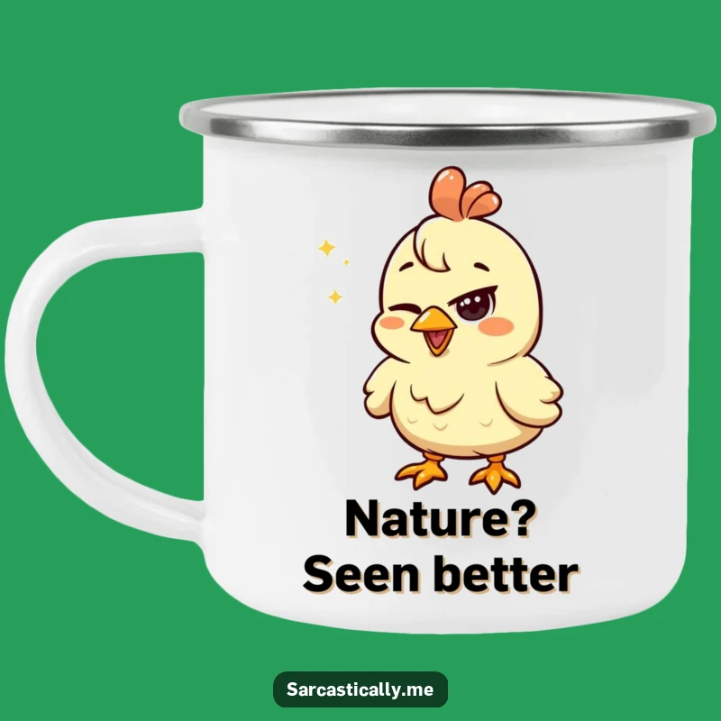 Funny Chicken Squint Camping Mug: Unimpressed Shiny Object Outdoor Companion Gift
