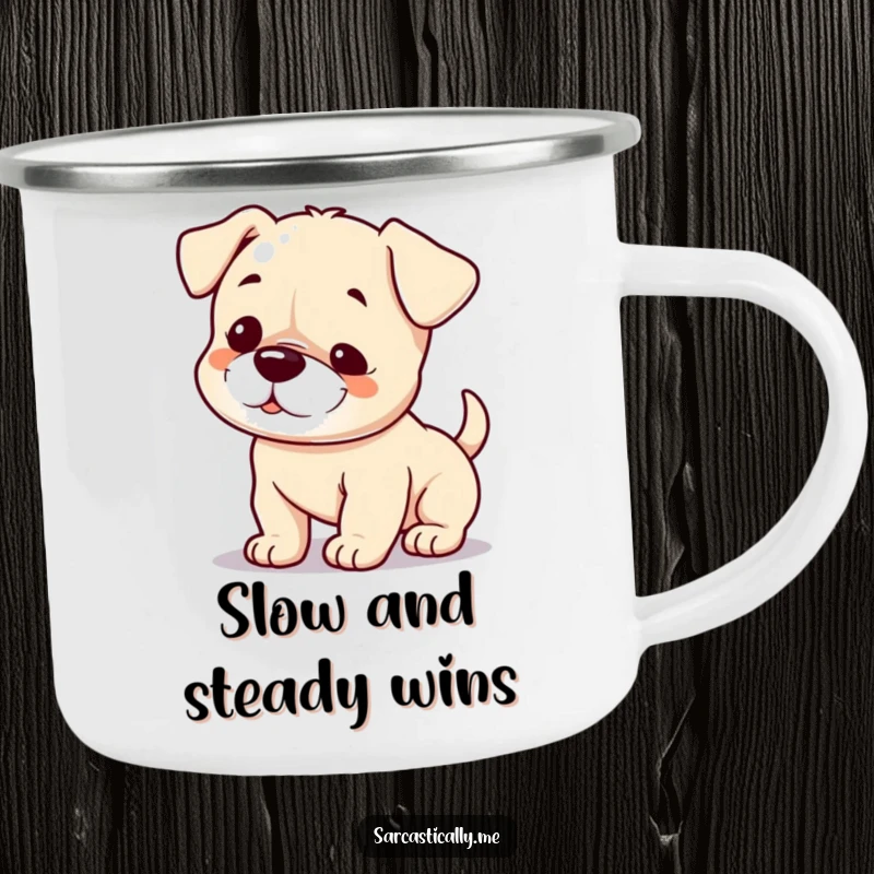 Funny camping mug featuring a playful puppy with a small smirk and a slowly wagging tail, perfect for outdoor humor.