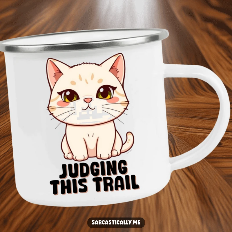 Funny cat camping mug, designed for the outdoors, showing a cat with a skeptical raised eyebrow and tilted head, ready for anything.