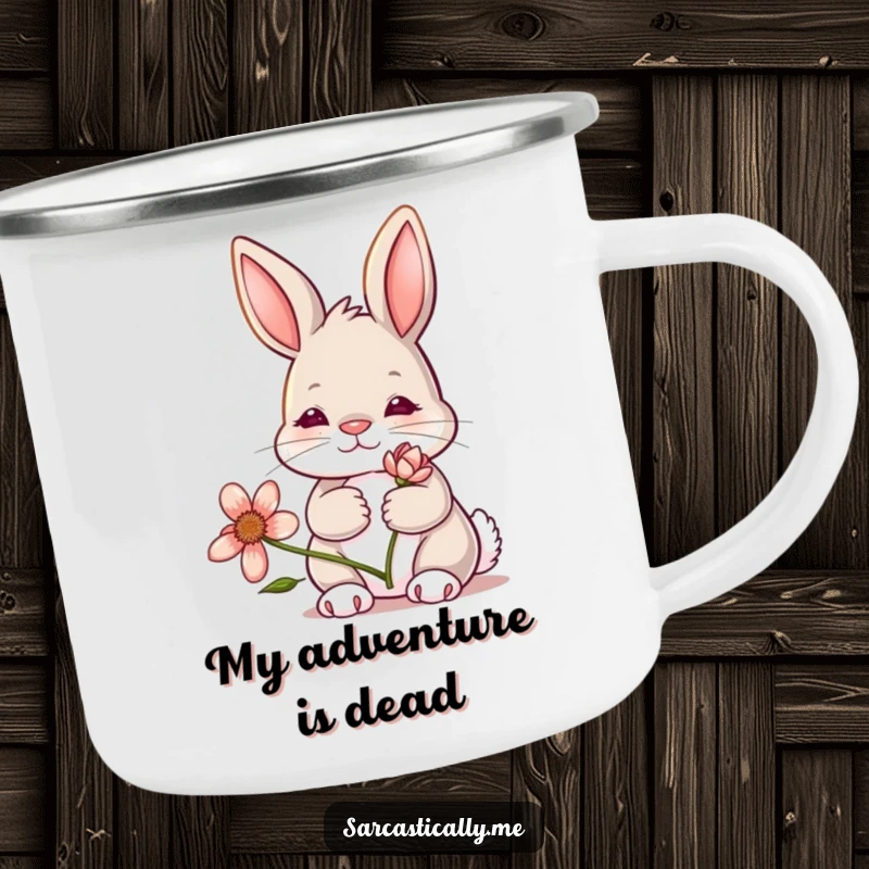Funny bunny camping mug, designed for the outdoors, showing a rabbit with a deadpan expression holding a wilting flower, embracing nature's futility.