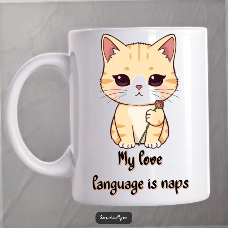 Funny cat mug featuring a cute cat with a deadpan expression holding a tiny, wilted flower, conveying sarcastic humor.