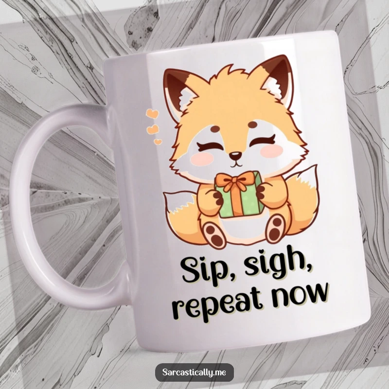 Funny fox mug featuring a fluffy fox with slightly raised eyebrows accepting a gift with a sigh, conveying humorous resignation.