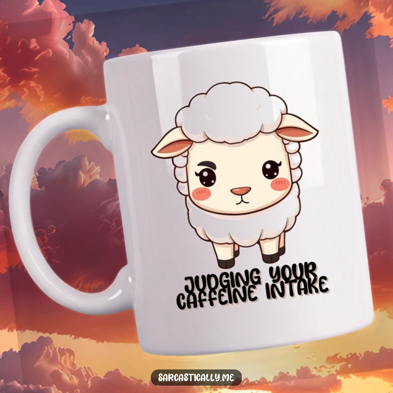 Funny sheep mug featuring a sheep with one arched eyebrow raised and lips pursed in a judgmental stare, perfect for coffee lovers.