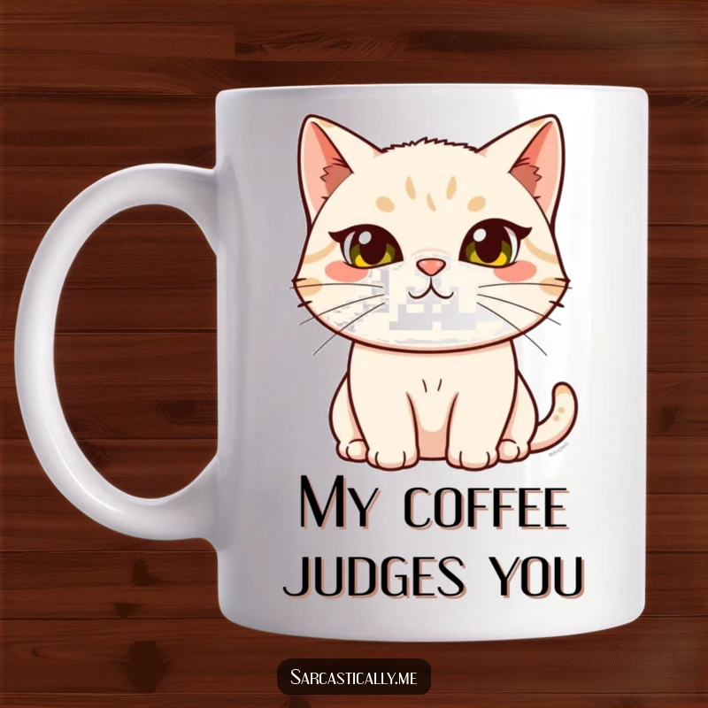 Funny cat mug, showcasing a feline with a skeptical raised eyebrow and a curious head tilt, conveying judgment and wit, ideal for sarcasm lovers.