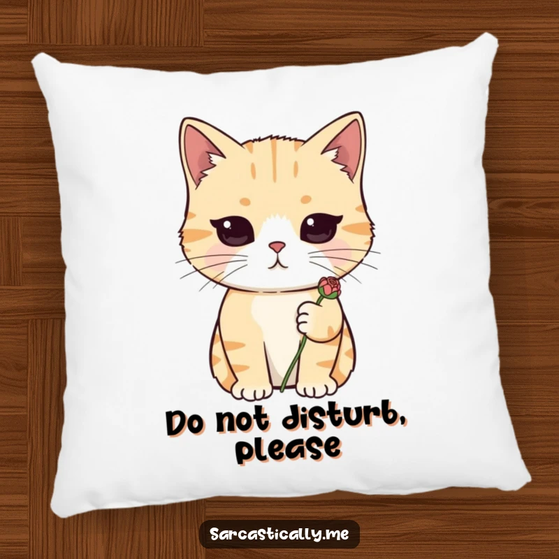 Funny cat pillow featuring a deadpan cat holding a wilted flower, perfect for a humorous and comfortable home accent.