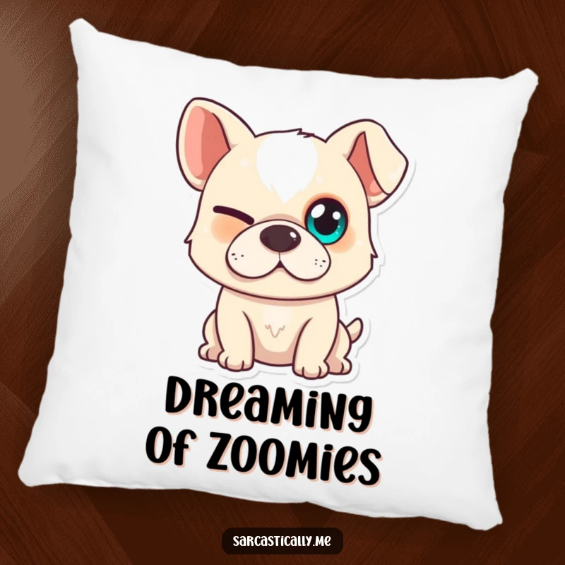 Funny dog pillow featuring a dog with one squinted eye and a slight smirk, offering comfort with a playful expression.