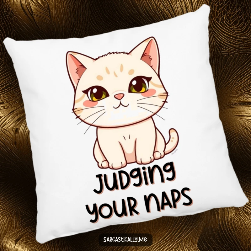 Funny cat pillow, a plush accent showing a feline with a judgmental raised eyebrow and tilted head, perfect for cozying up with sass.