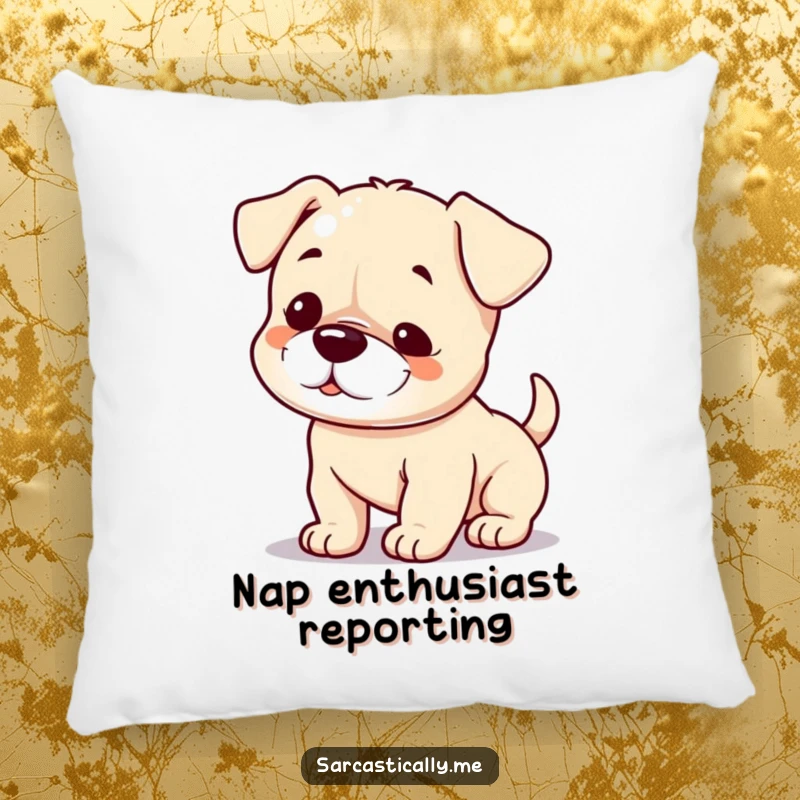Funny puppy pillow with a small smirk and a slowly wagging tail, perfect for a humorous and comfortable home accent.