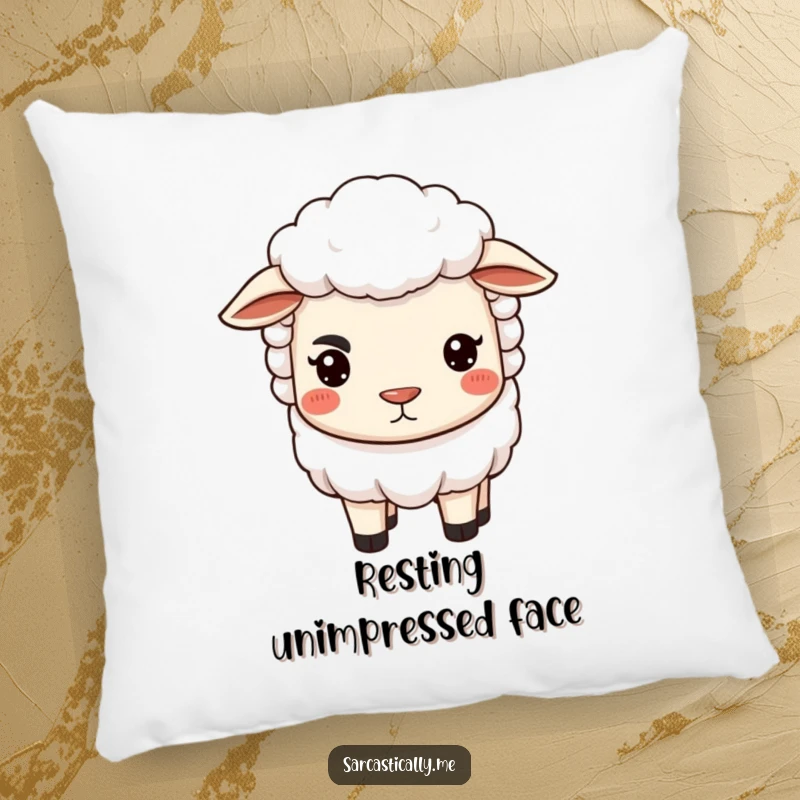 Funny sheep pillow featuring a sheep with one raised arched eyebrow and pursed lips, offering comfort with a judgmental expression.