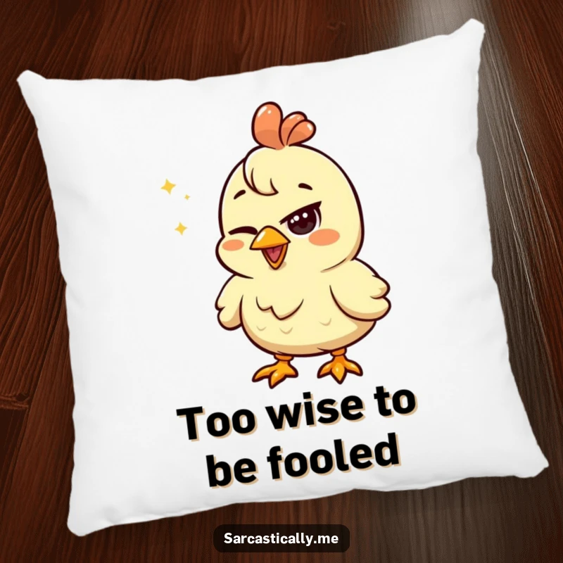Funny chicken pillow with a squinted eye looking unimpressed by a shiny object, perfect for a humorous and comfortable home accent.