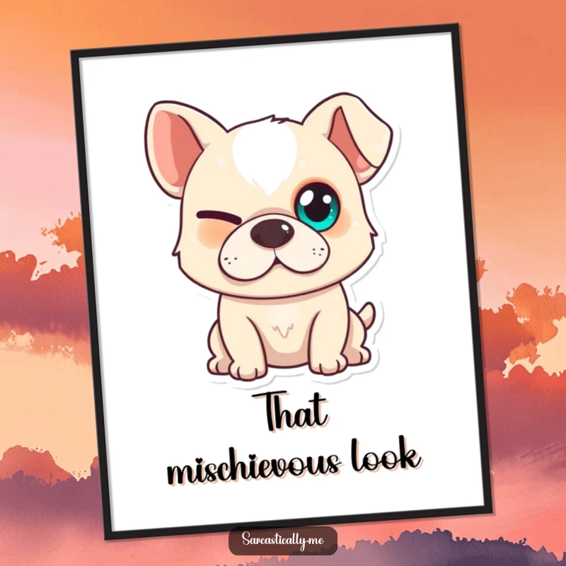Funny dog digital art print showing a dog with a squinted eye and slight smirk, ideal for humorous wall decor.