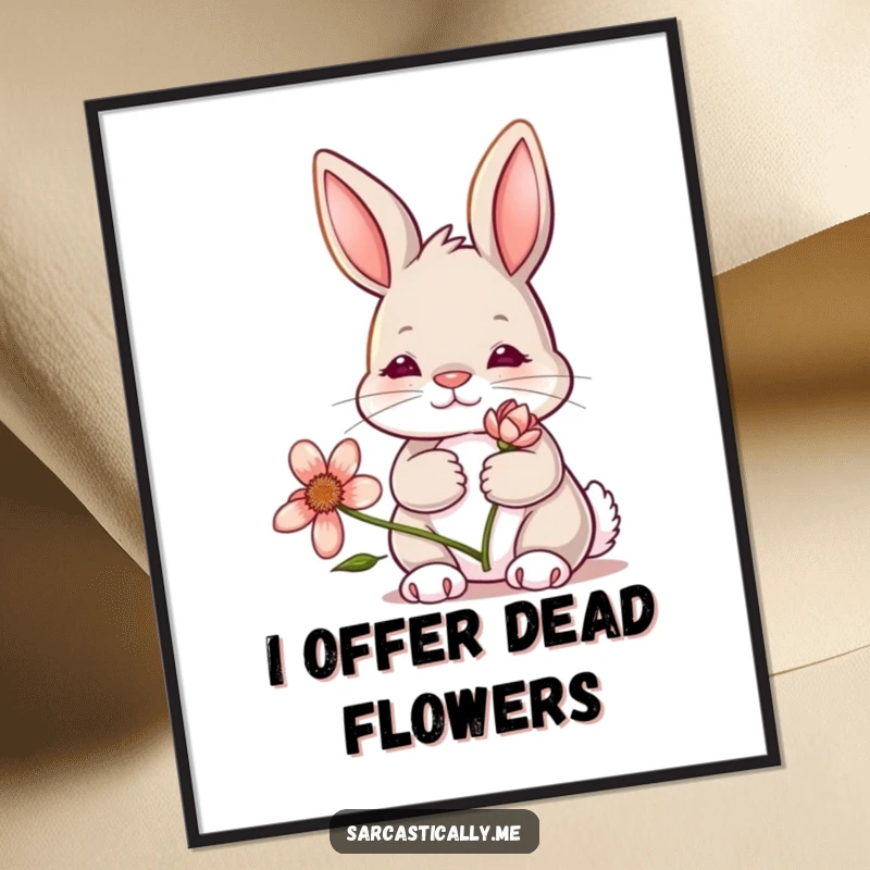 Funny bunny digital art print, capturing a rabbit with a pronounced deadpan expression holding a wilting flower, perfect for dark humor lovers.