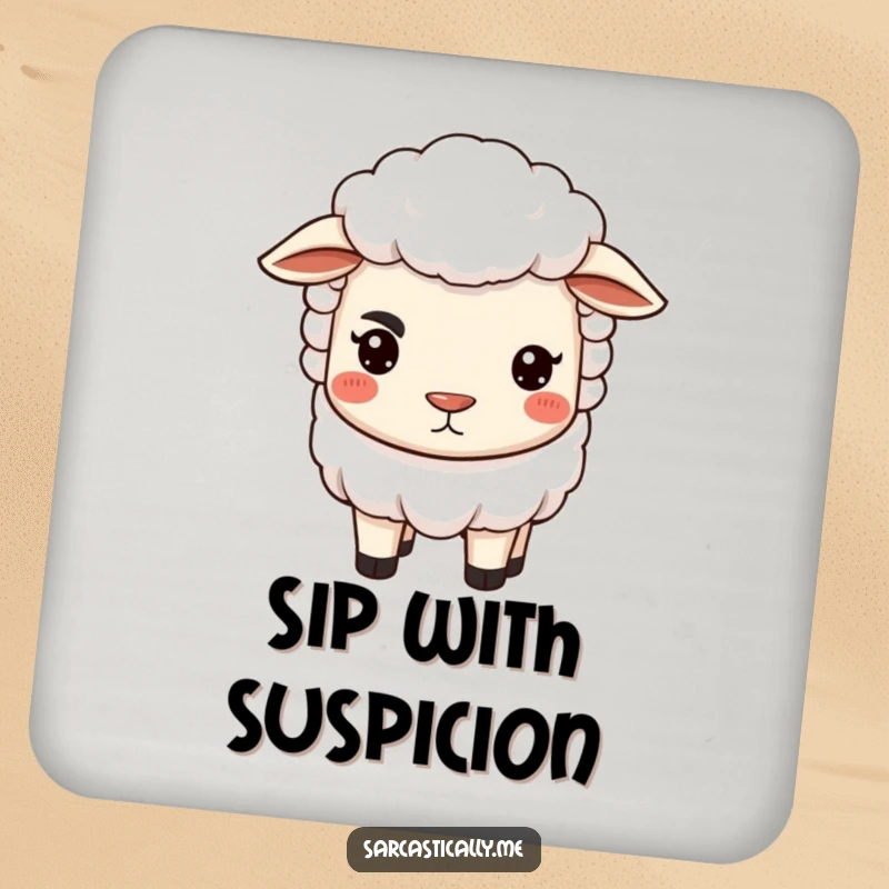 Funny sheep drink coaster featuring a sheep with a judgmental arched eyebrow and pursed lips, protecting surfaces with humor.