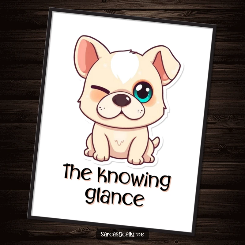 Funny dog poster showing a dog with one squinted eye and a slight smirk, conveying playful mischief for wall art.