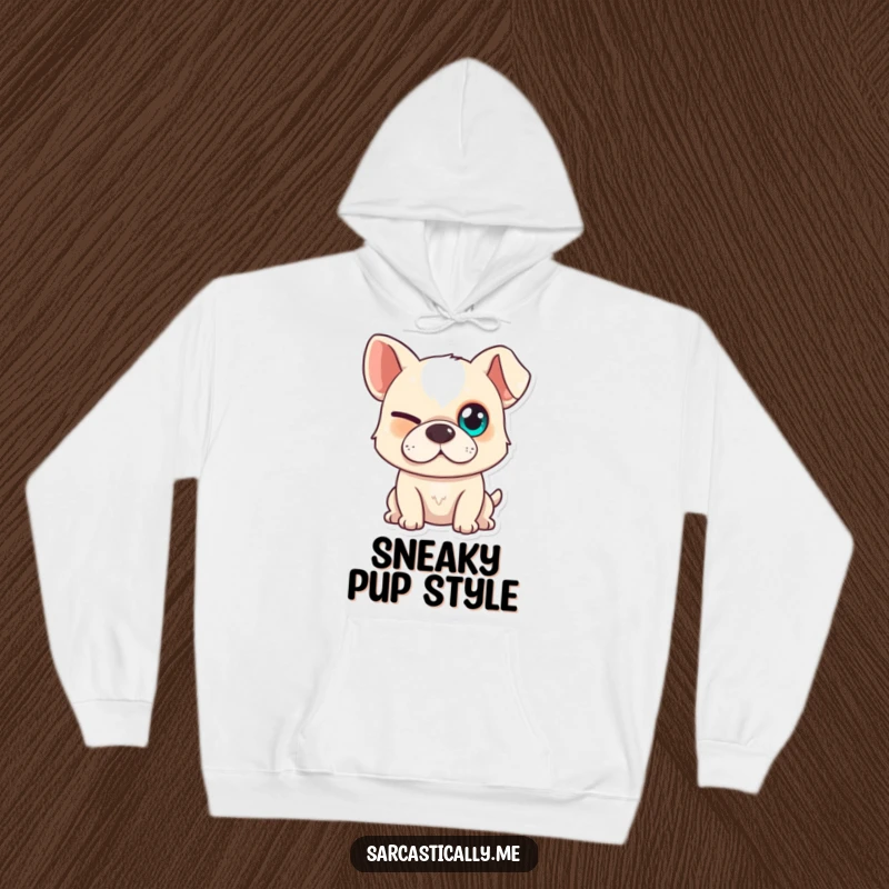 Funny dog hoodie featuring a dog with one eye squinted and a slight smirk, providing warmth with a touch of playful mystery.