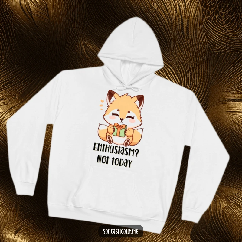 Funny fox hoodie showcasing a fluffy fox with raised eyebrows sighing upon receiving a gift, perfect for humorous coziness.