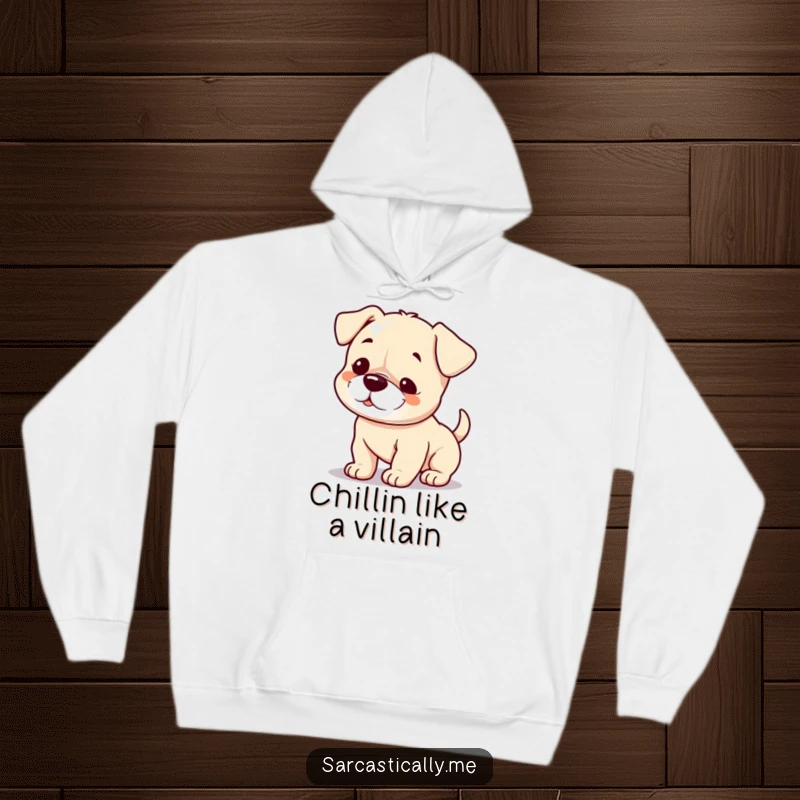 Funny puppy hoodie showcasing a playful puppy with a small smirk and a slowly wagging tail, perfect for cozy mischief.