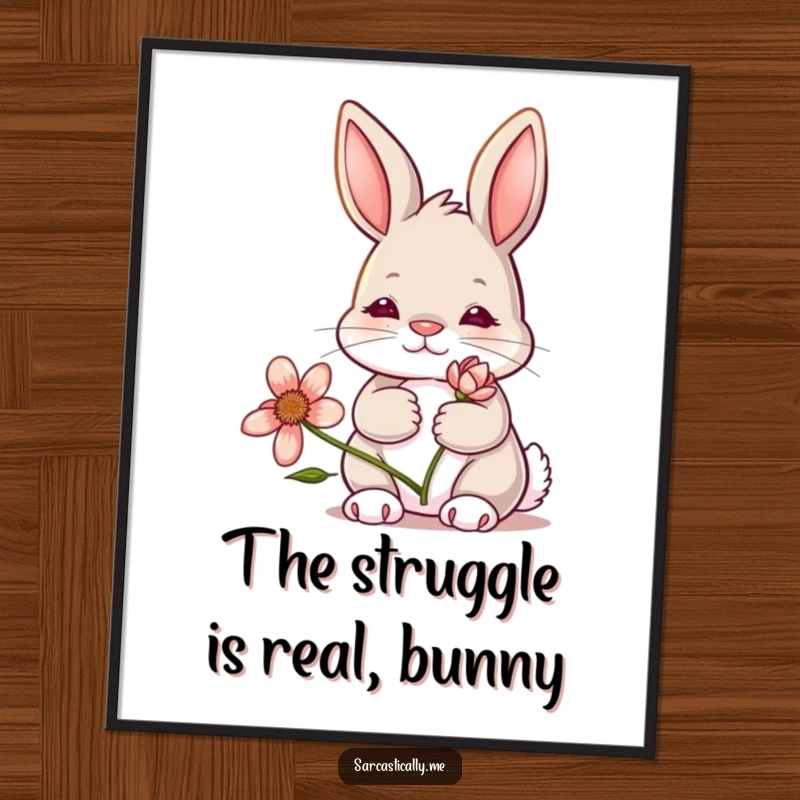 Funny Free Printable Wall Art: A bunny with a deadpan expression holds a wilting flower, offering ironic charm to decor.