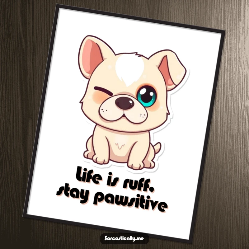 Funny Free Printable Wall Art of a dog with one eye squinted and a slight smirk, looking irresistibly roguish and cute.