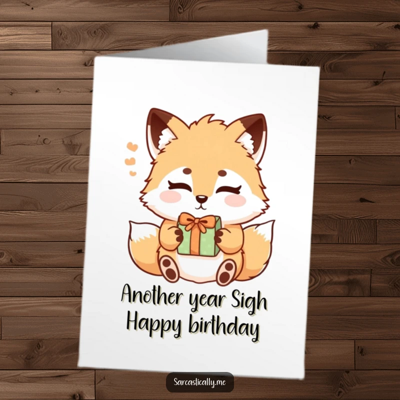 Funny Free Printable Birthday Card: Fluffy fox with raised eyebrows accepting a gift with a sigh, conveying a hilariously unenthusiastic birthday wish.