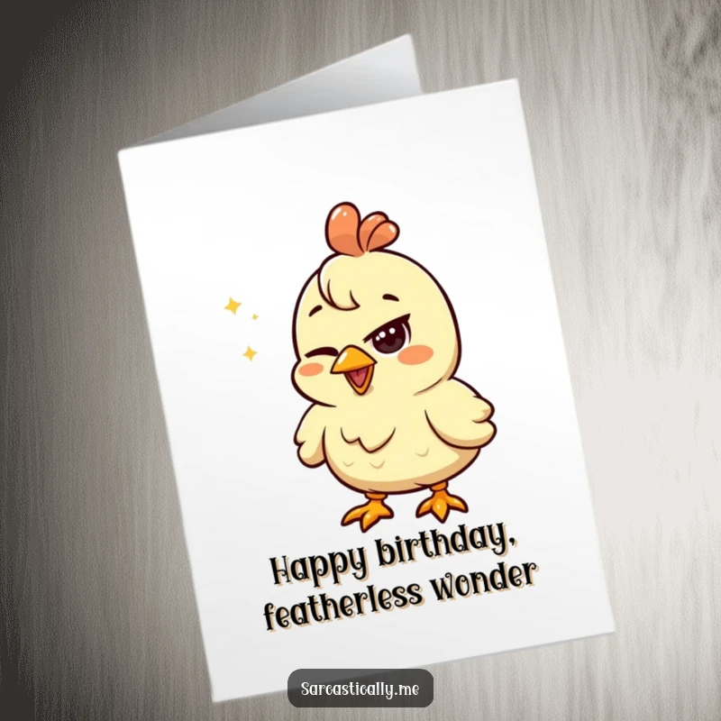 Funny Free Printable Birthday Card: Happy chicken squinting, looking unimpressed by a shiny object, delivering a hilariously deadpan birthday wish.