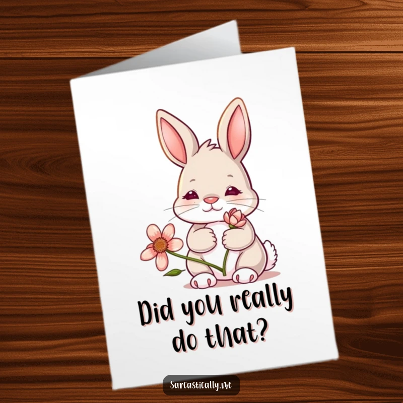 Funny Free Printable Congratulations Card: A bunny maintains a deadpan expression while holding a wilting flower, unenthusiastically celebrating.