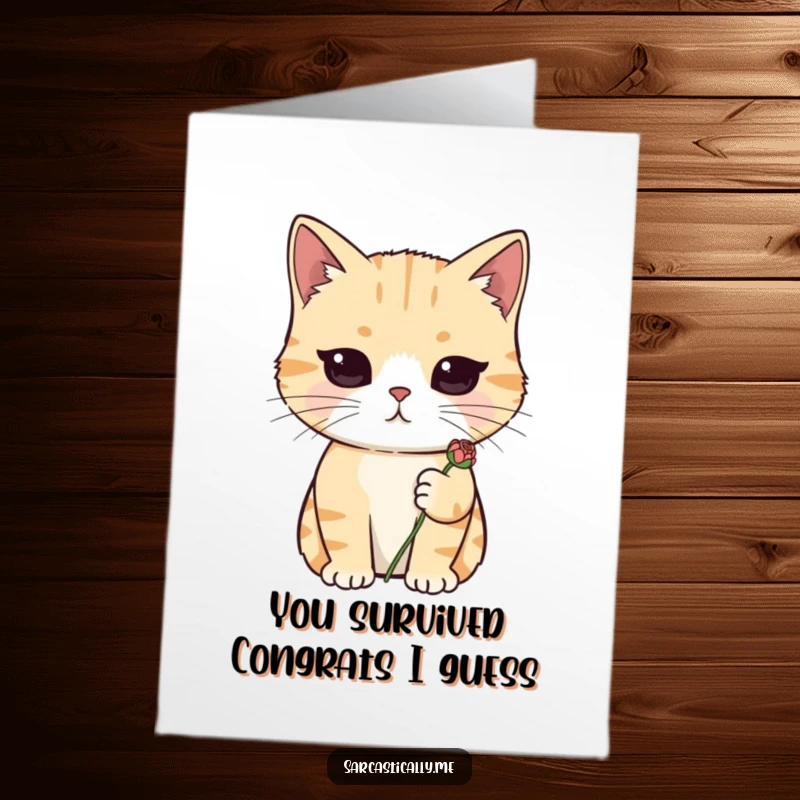 Funny Free Printable Congratulations Card: Cat with a deadpan stare holding a sad flower, offering a hilariously understated congratulatory message.