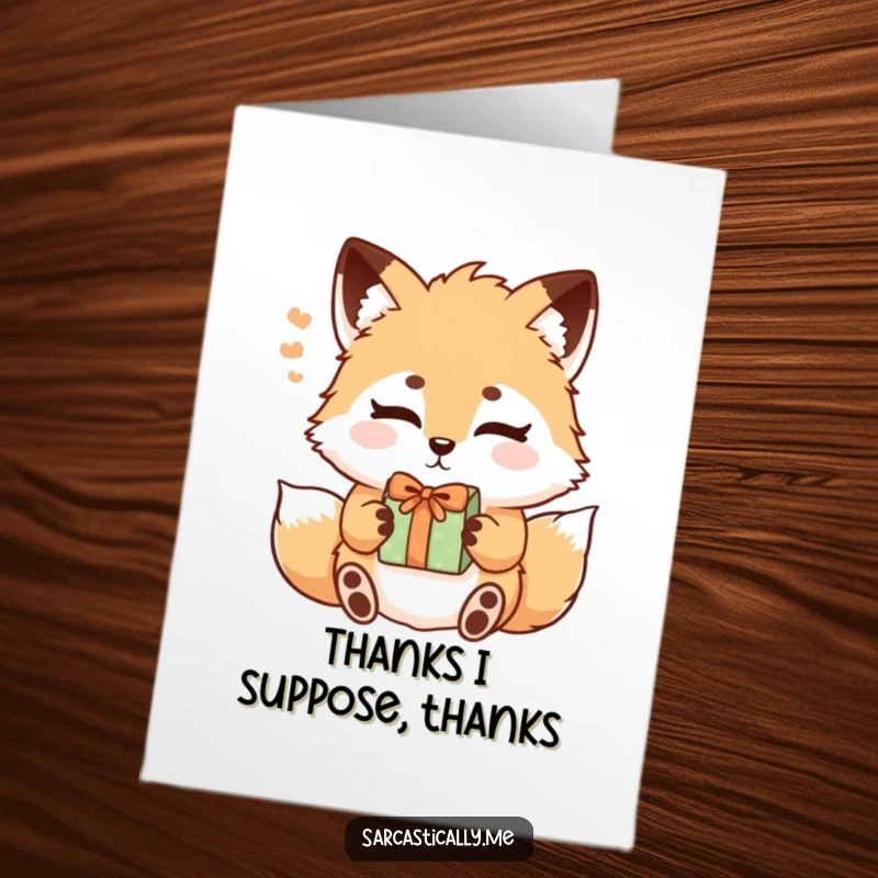 Funny Free Printable Thank You Card: Fluffy fox with raised eyebrows accepting a gift and letting out a dramatic sigh of thanks.