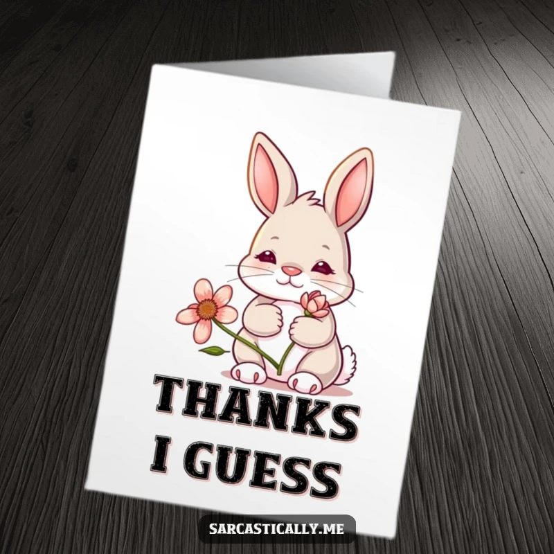 Funny Free Printable Thank You Card: A bunny with a deadpan expression holds a wilted flower, offering weak thanks.