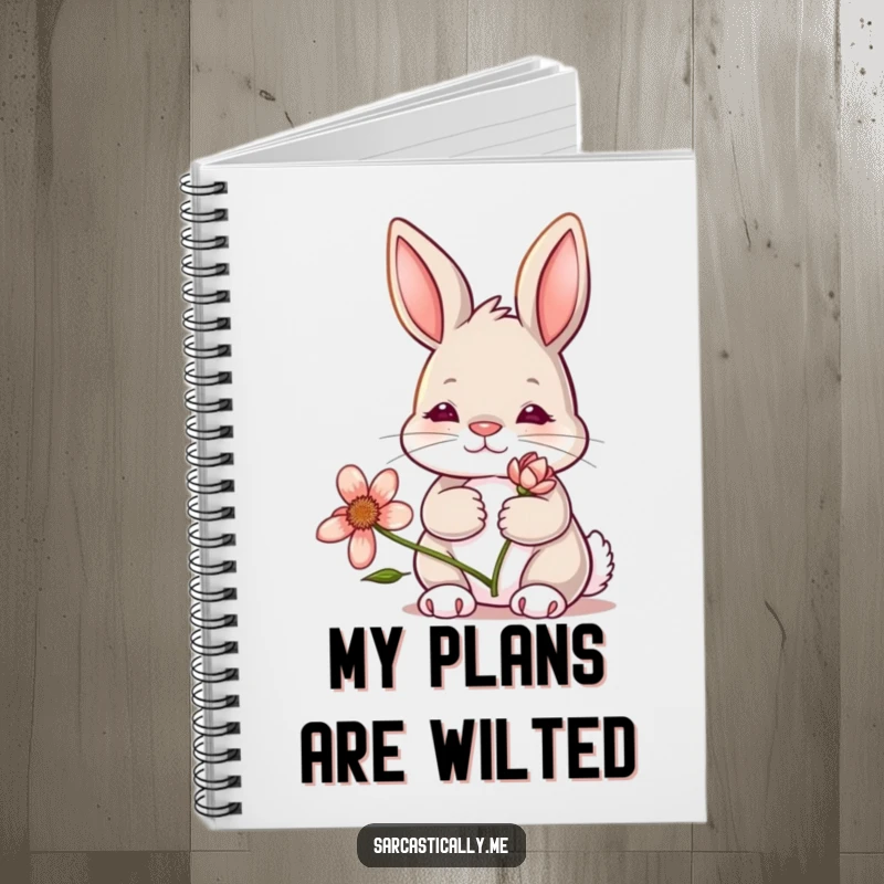Funny bunny notebook, cover illustrated with a rabbit sporting a deadpan expression and holding a wilting flower, ideal for journaling bleak thoughts.