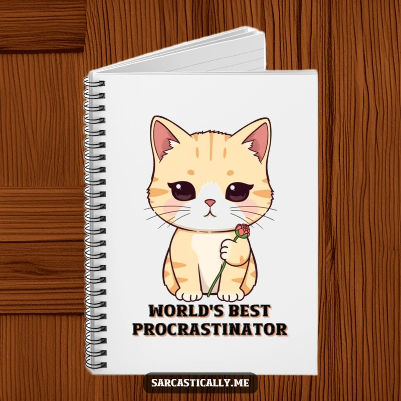 Funny cat notebook with a deadpan cat holding a wilted flower, designed for jotting down sarcastic notes and thoughts.