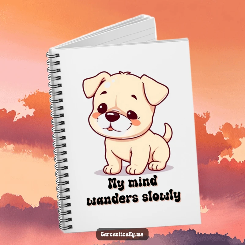 Funny puppy notebook with a small smirk and a slowly wagging tail, designed for jotting down playful, mischievous notes.