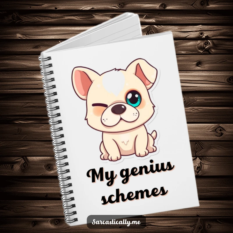 Funny dog notebook with a mischievous dog's squinted eye and slight smirk on the cover, ideal for note-taking.