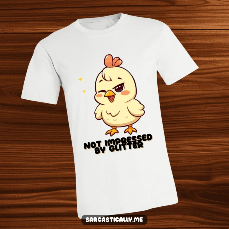 Funny chicken t-shirt with a squinted eye looking unimpressed by a shiny object, symbolizing humorous skepticism and discernment.