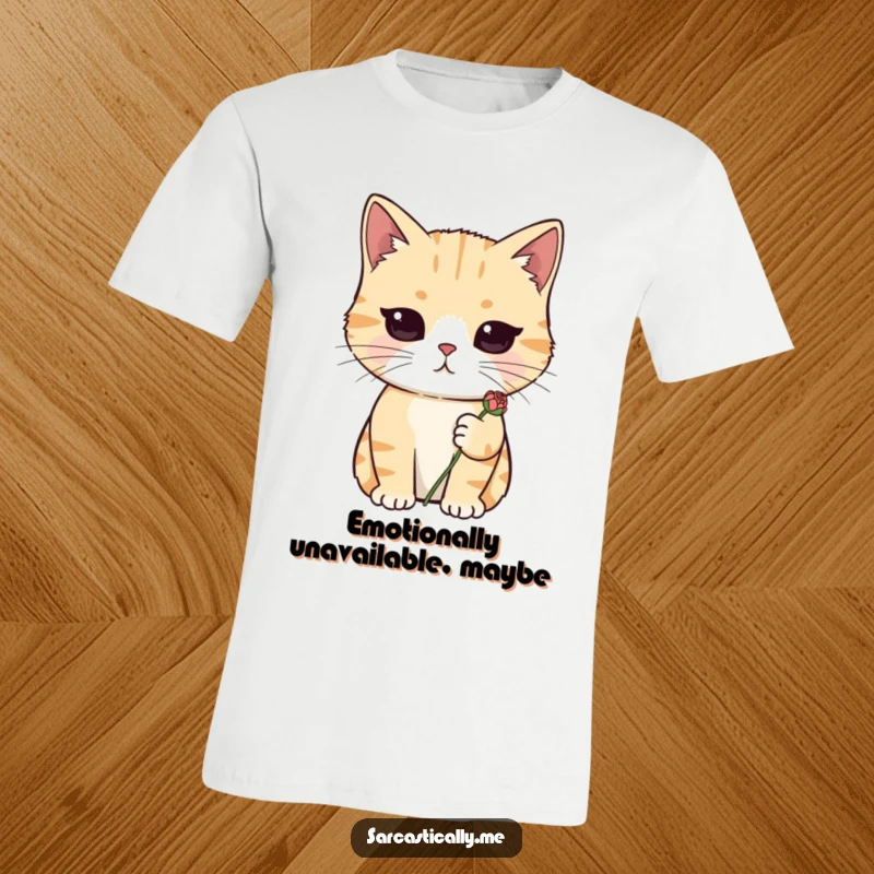 Funny cat t-shirt with a deadpan cat holding a wilted flower, illustrating a sarcastic and unimpressed mood.