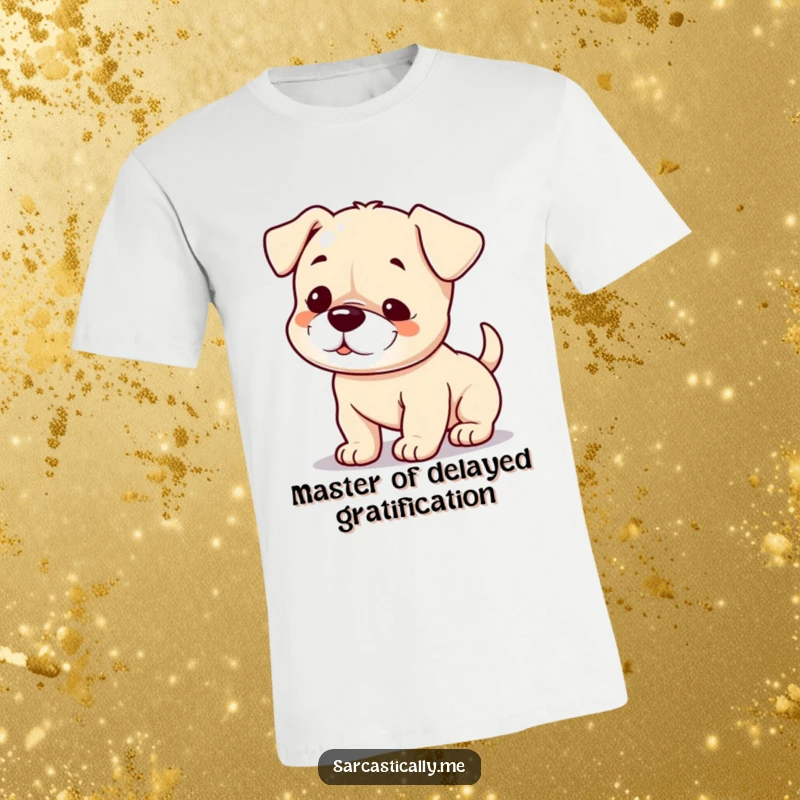 Funny puppy t-shirt with a small smirk and a slowly wagging tail, symbolizing playful mischief and cunning.