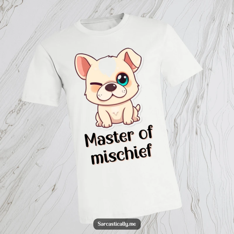 Funny dog t-shirt showcasing a dog with one eye squinted and a subtle smirk, exuding a mischievous and knowing personality.