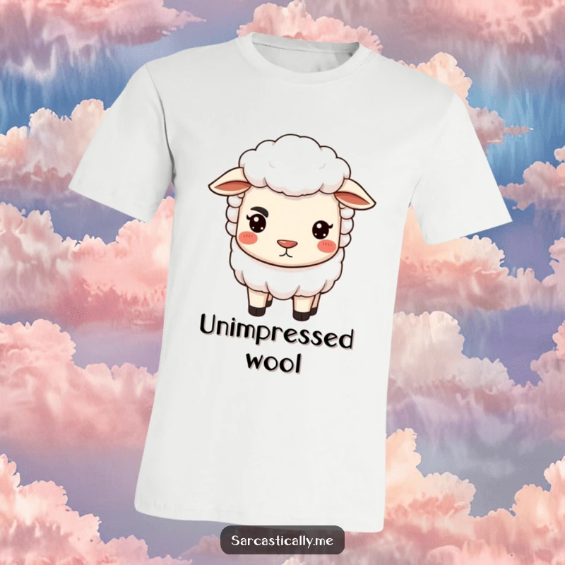 Funny sheep t-shirt showing a sheep with a single arched eyebrow and pursed lips, exuding a sarcastic and judgmental vibe.