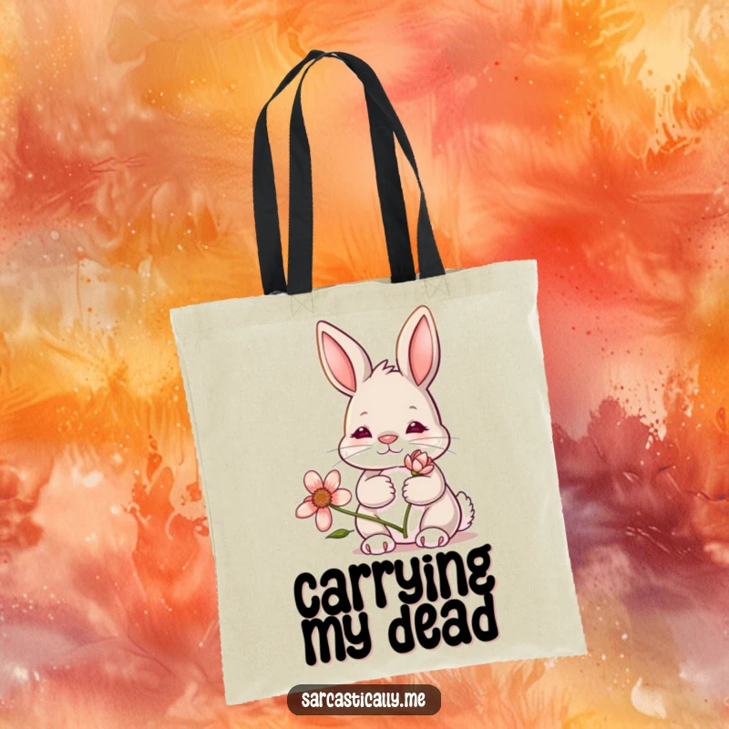 Funny bunny tote bag, designed with a rabbit sporting a deadpan expression and holding a wilting flower, perfect for carrying essentials with gloom.