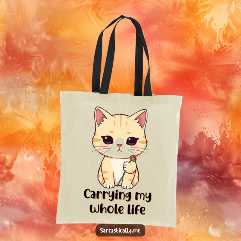 Funny tote bag featuring a deadpan cat holding a tiny, wilted flower, symbolizing a humorous, apathetic mood.