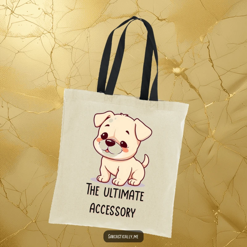 Funny tote bag with a playful puppy giving a small smirk and slowly wagging its tail, symbolizing innocent mischief.